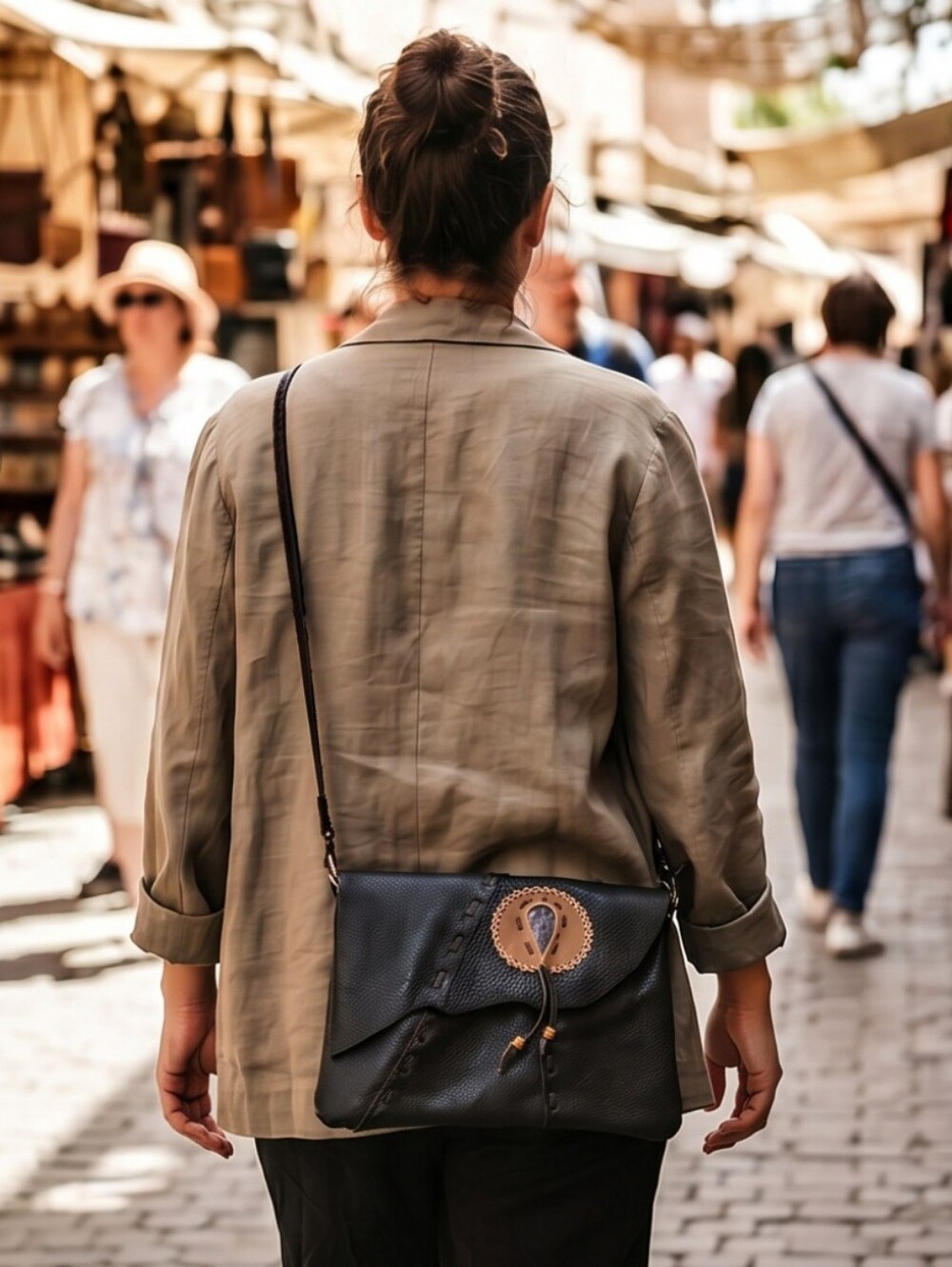 Stylish Black Leather Crossbody Bag with Decorative Gemstone Accent